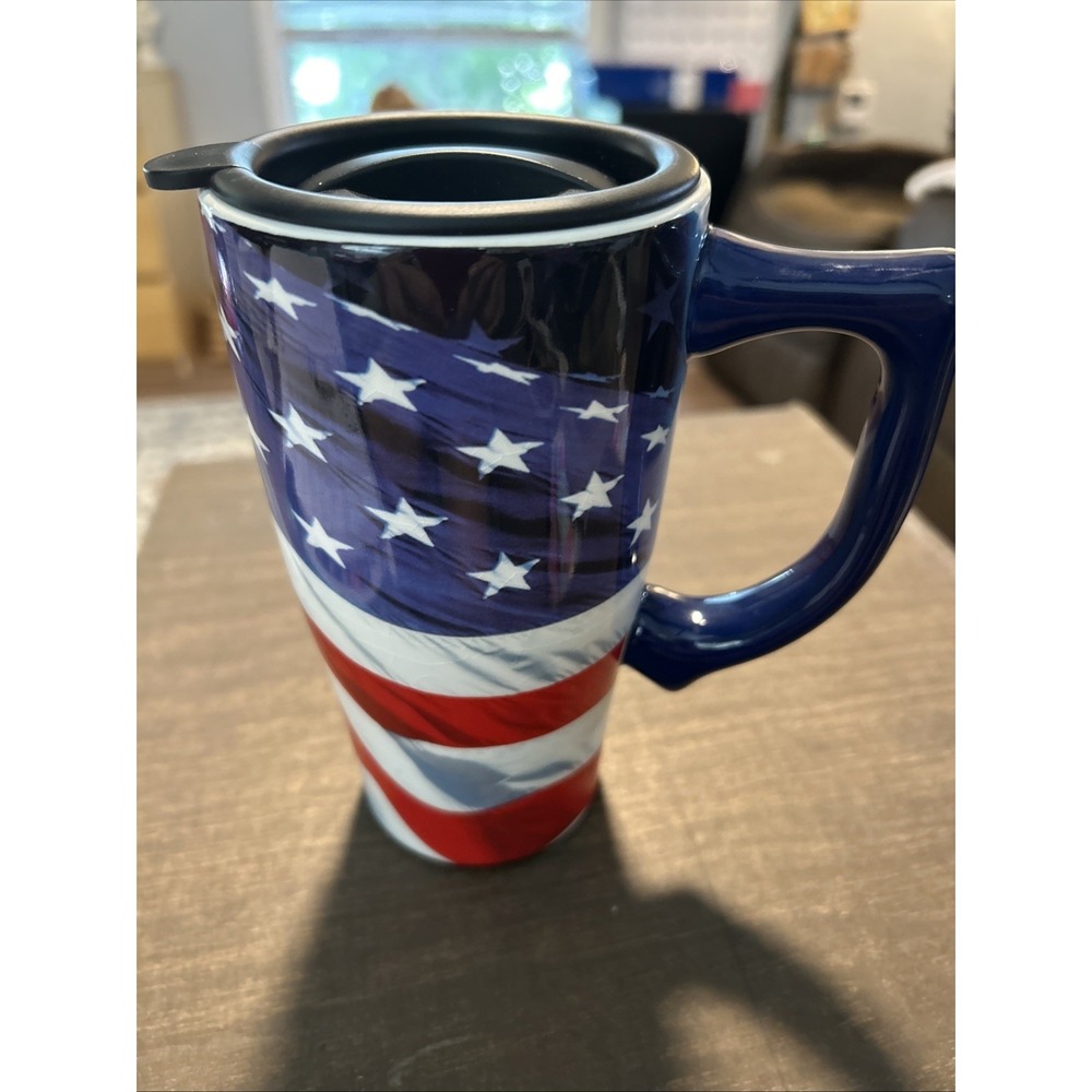 Spoontiques‎ Ceramic Travel Mug Patriotic Hot Or Cold W/ Spillproof Lid